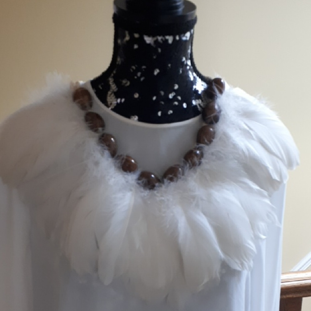 One Of A Kind White Feathered Brown Beaded Necklace
